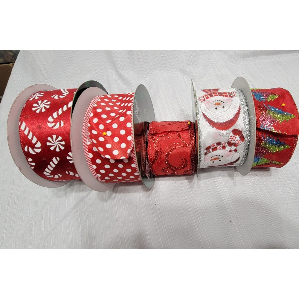 Christmas Wired Ribbon 2.5in Kirkland Member's Mark Snowman Candy Cane Lot of 5